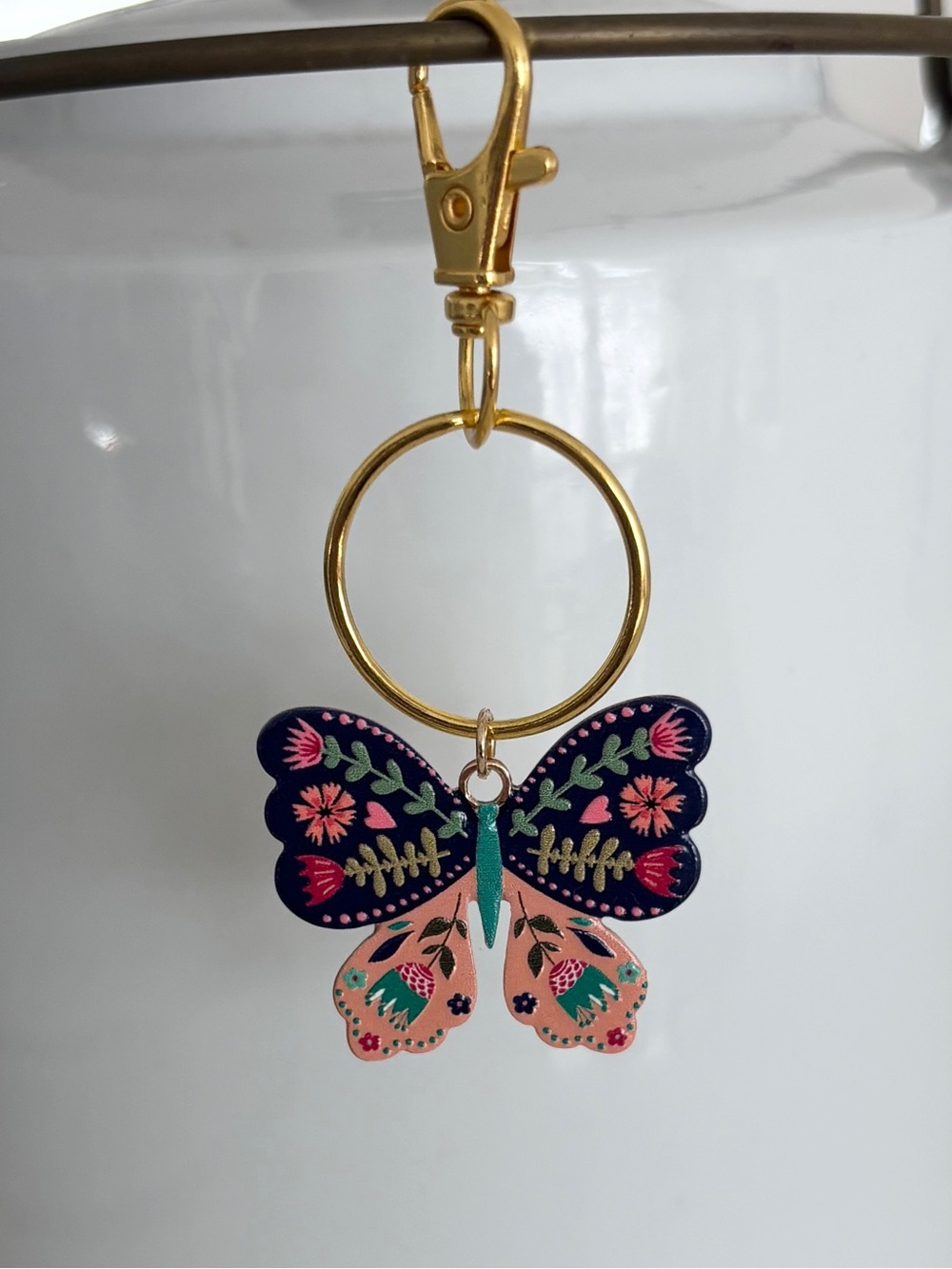 Butterfly Bag Charm Floral Gold Keychain